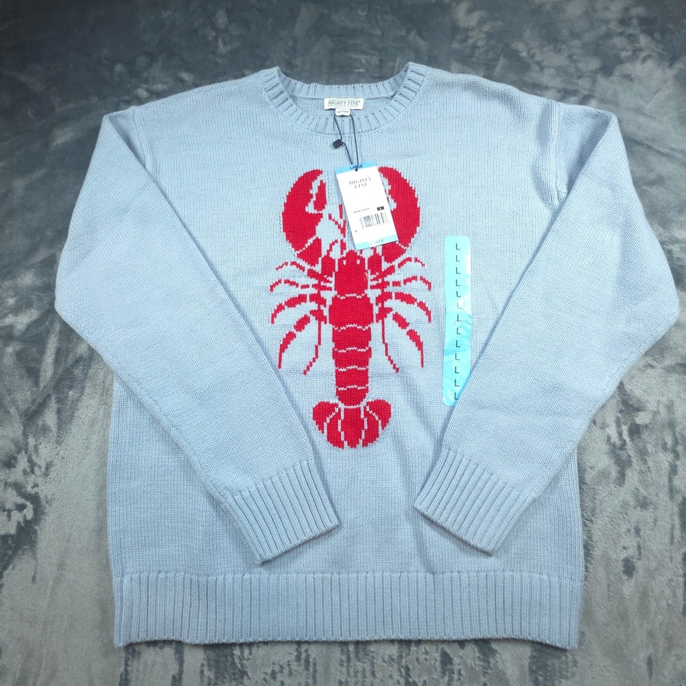 Mighty Fine Light Blue Red Lobster Knit Sweater Crewneck 25VLIN00190A-001 NEW